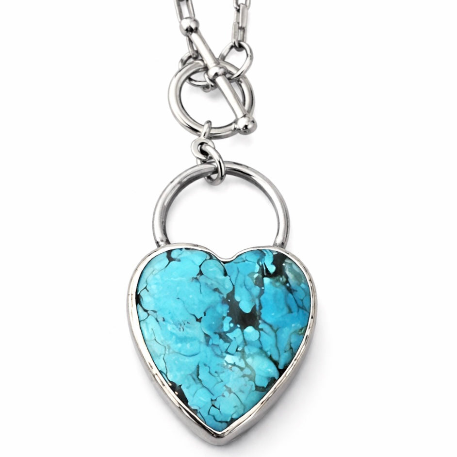 Wild Heart Necklace | Blue Turquoise Heart Pendant with Sterling Silver Toggle