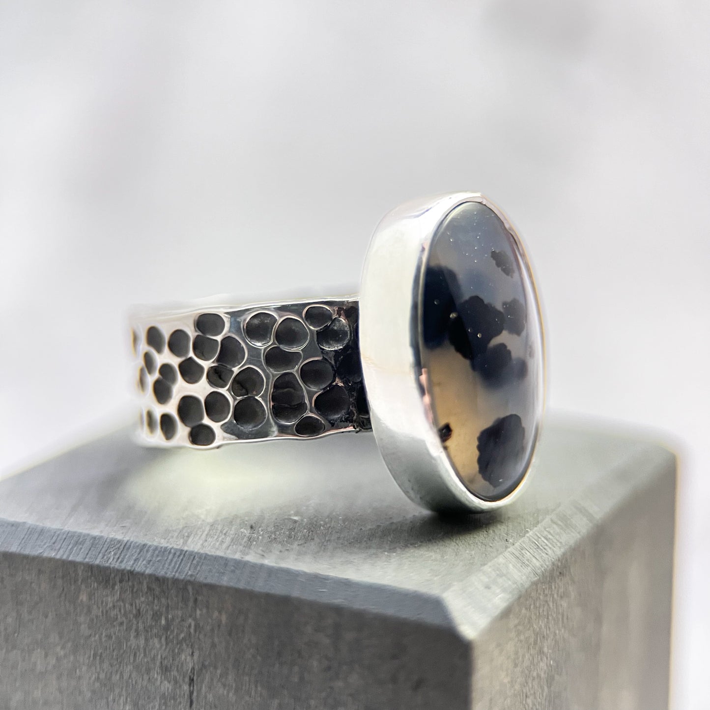 Midnight Mosaic Ring – Montana Agate & Textured Sterling Silver (Size 9.25)