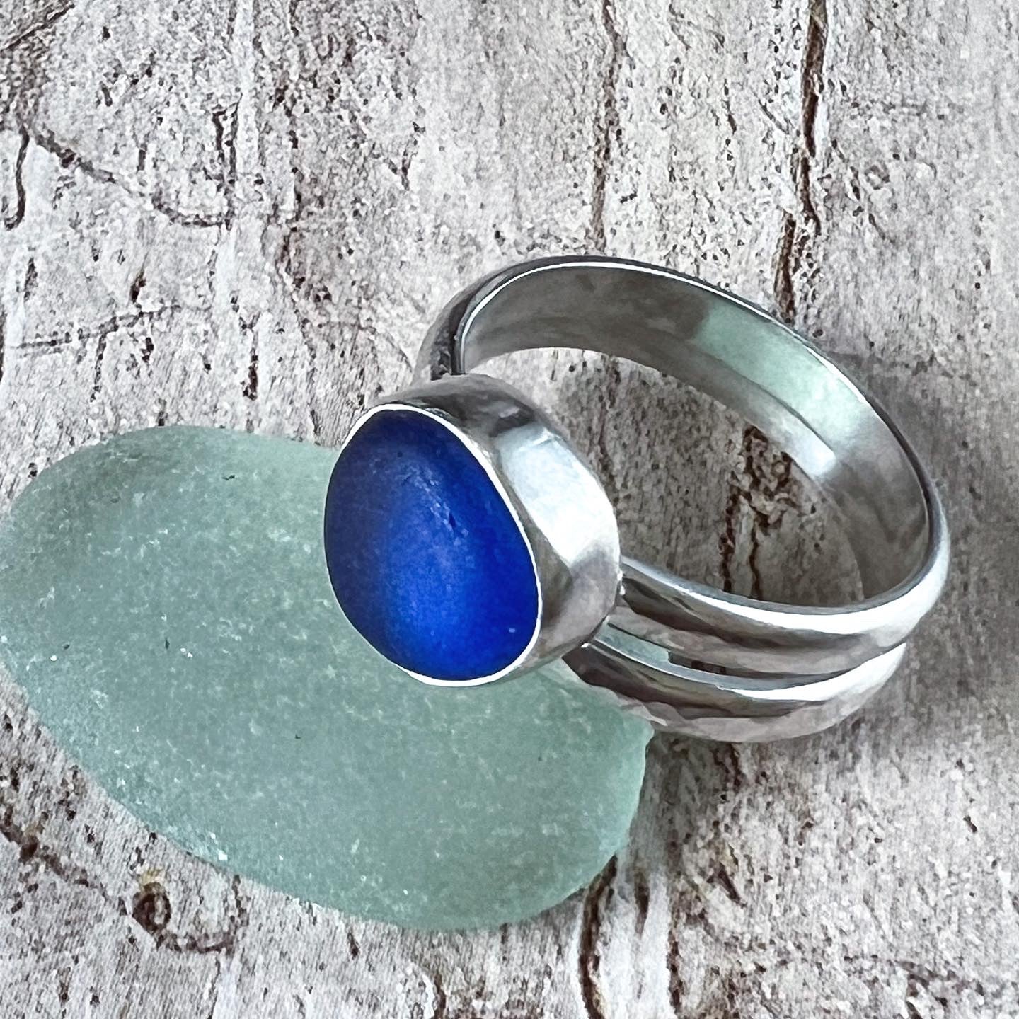 Sapphire Blue Sea Glass Ring & Companion Band, Size 8