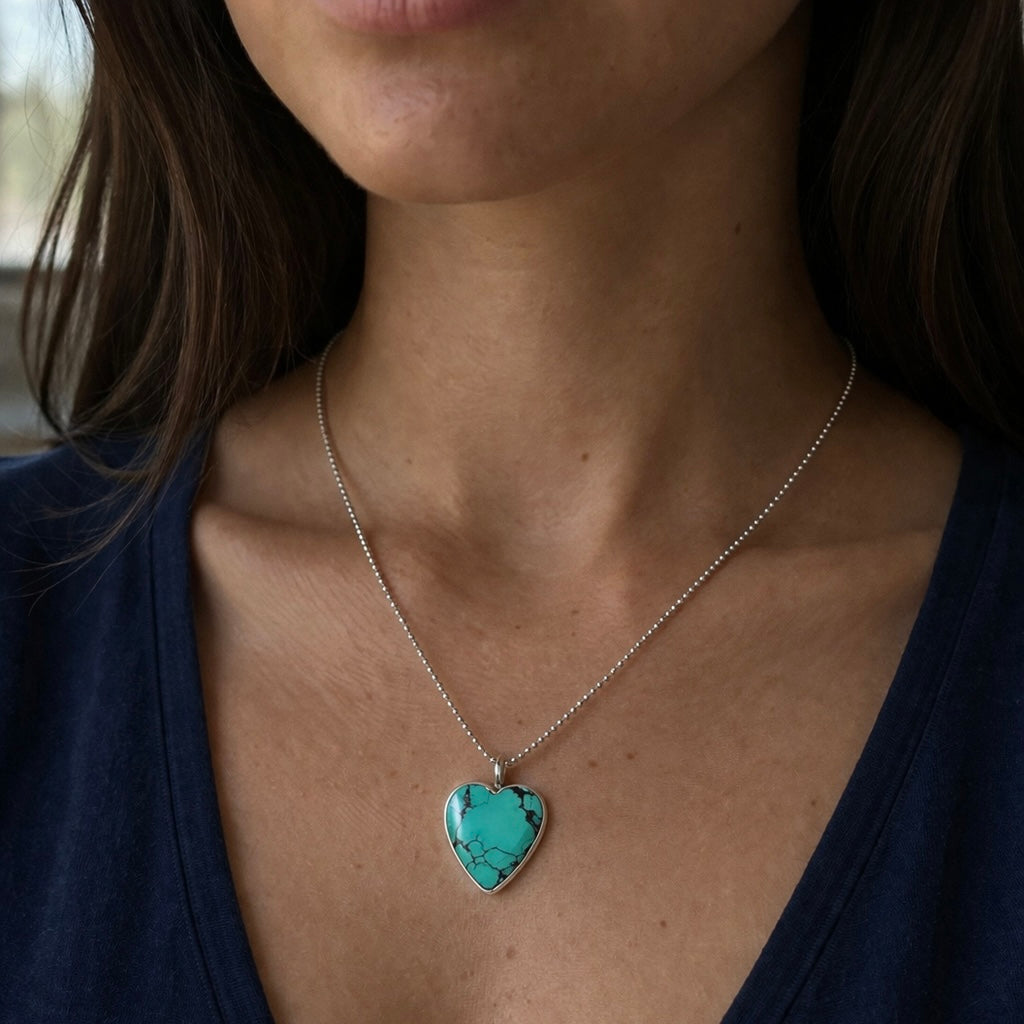 True Heart Necklace | Blue-Green Turquoise Heart Pendant in Sterling Silver