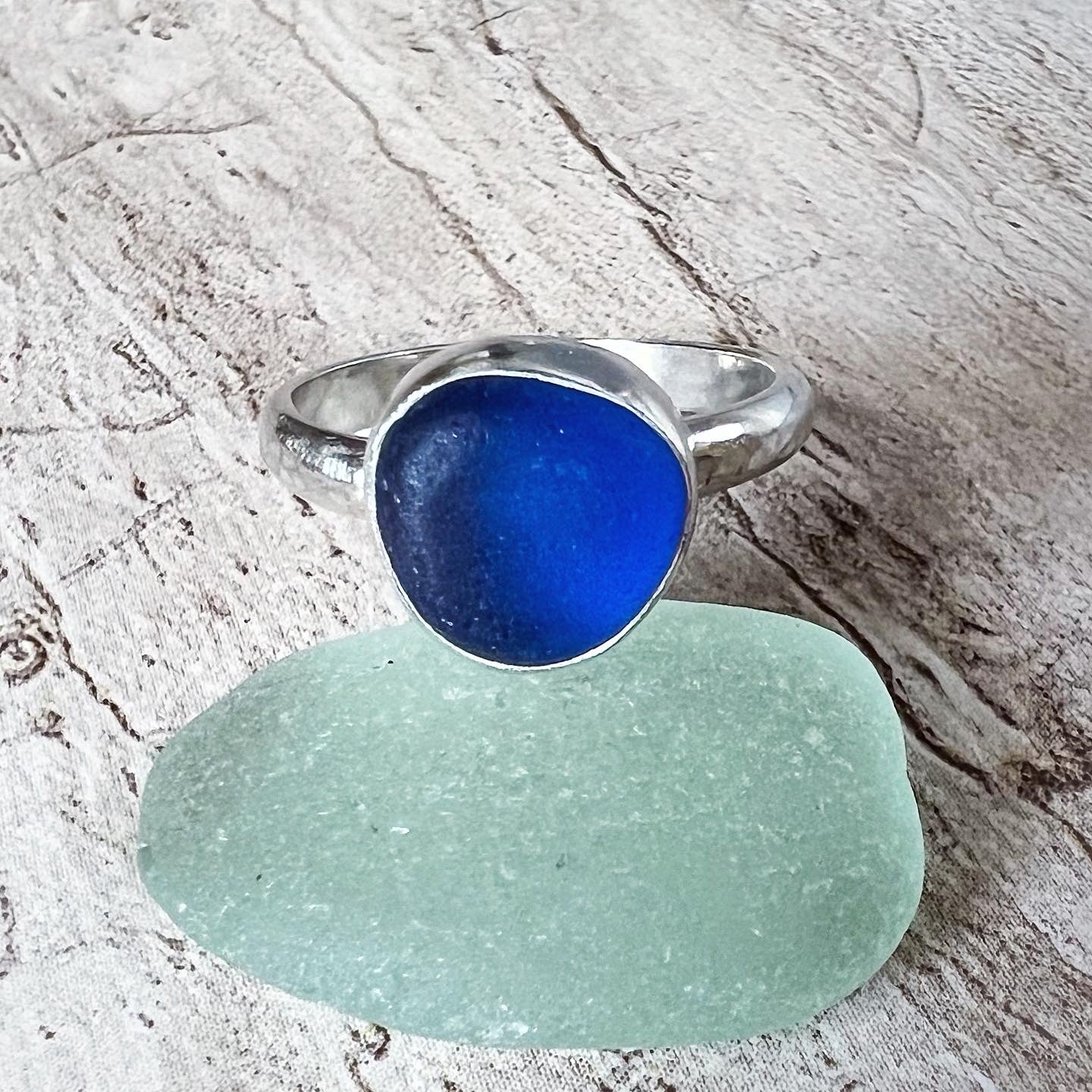 Sapphire Blue Sea Glass Ring & Companion Band, Size 8