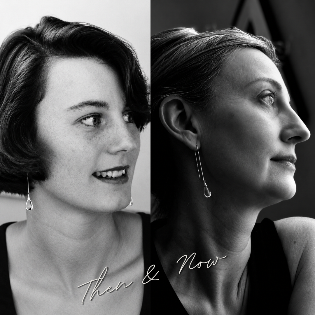 E, then and now, wearing the crystal teardrop earrings with elongated ear wires.