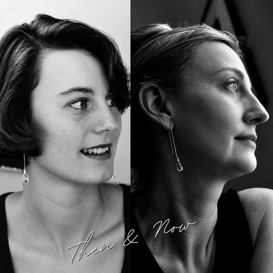 E, then and now, wearing the crystal teardrop earrings with elongated ear wires.