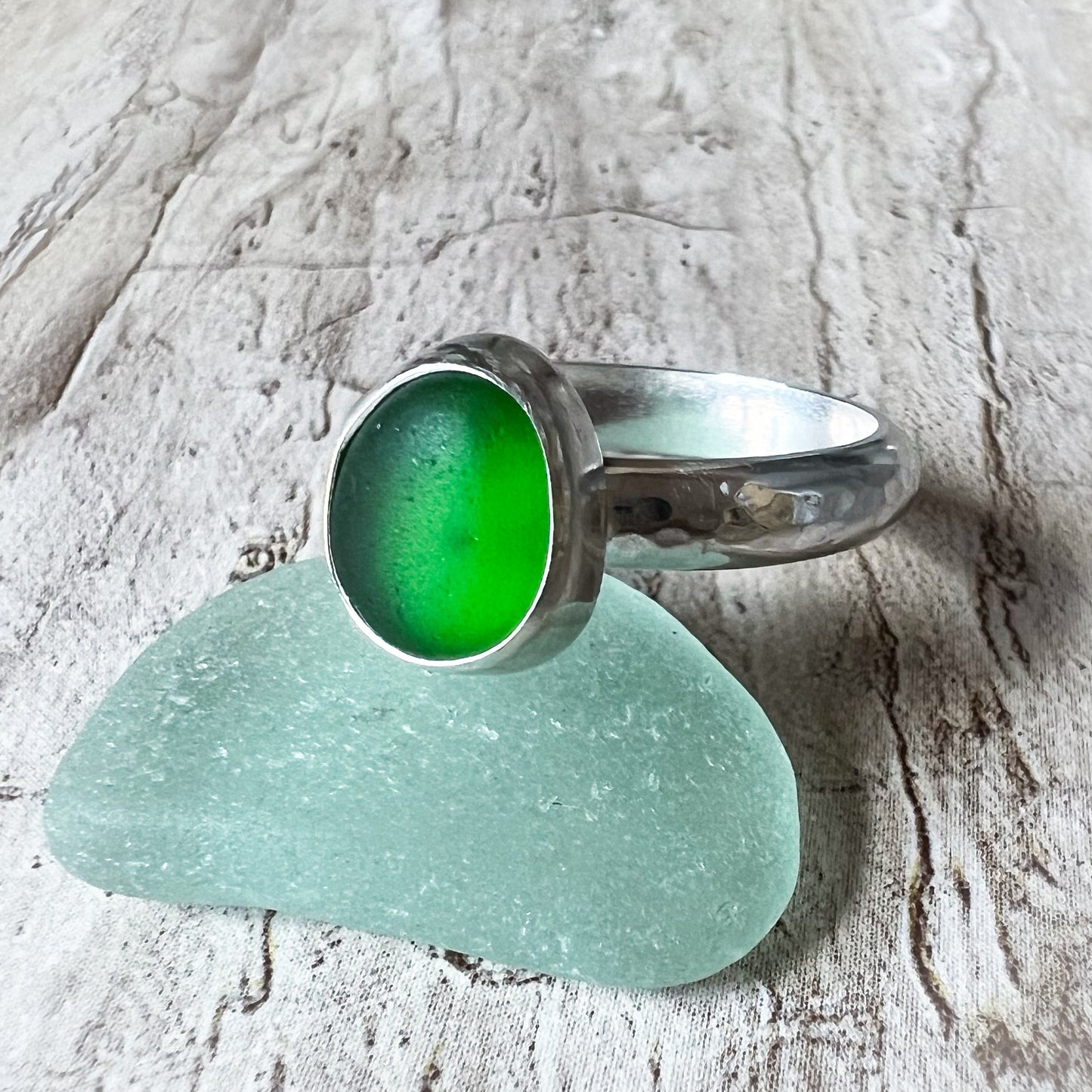 Green Sea Glass & Hammered Sterling Ring, Size 10