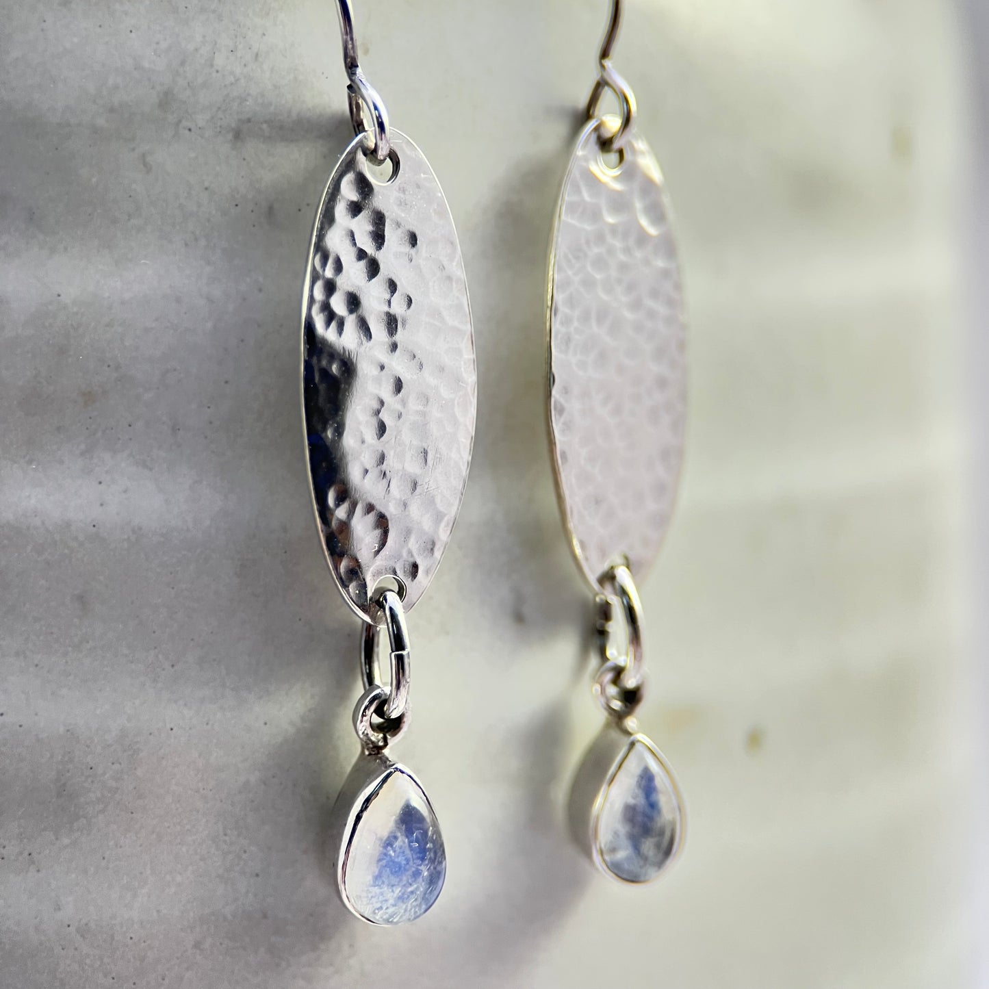 Reserved - Moon Meadow Earrings – Hammered Sterling Silver & Rainbow Moonstone Drops