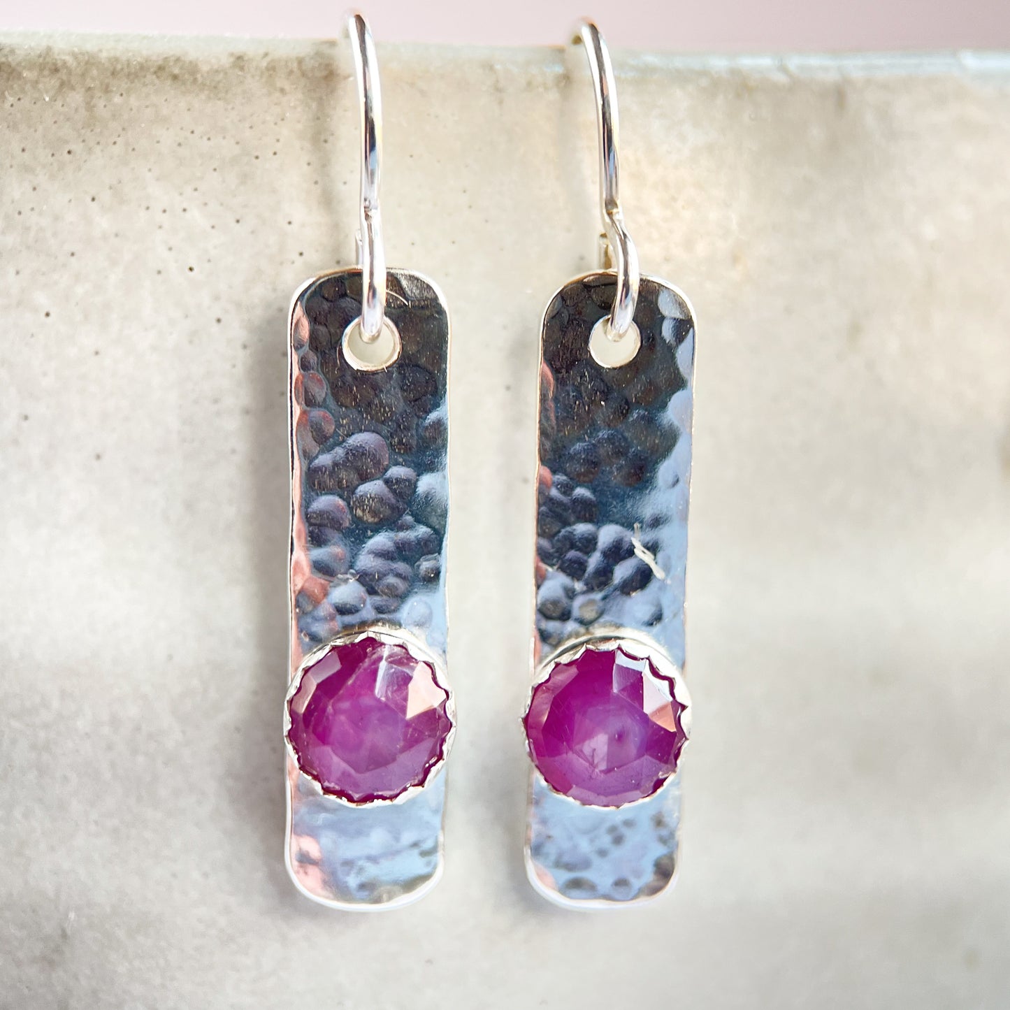 Pink Sapphire Hammered Drop Earrings