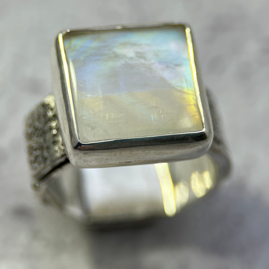 Astral Armor Ring — Rainbow Moonstone — Size 8.5