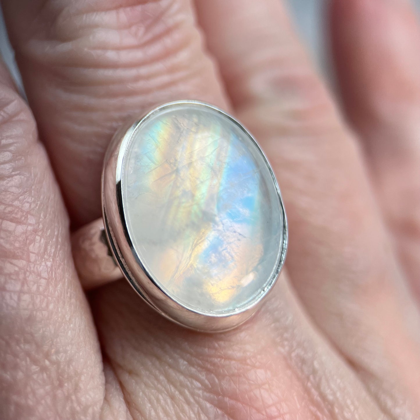 Large Oval Rainbow Moonstone Ring, Size 9.25