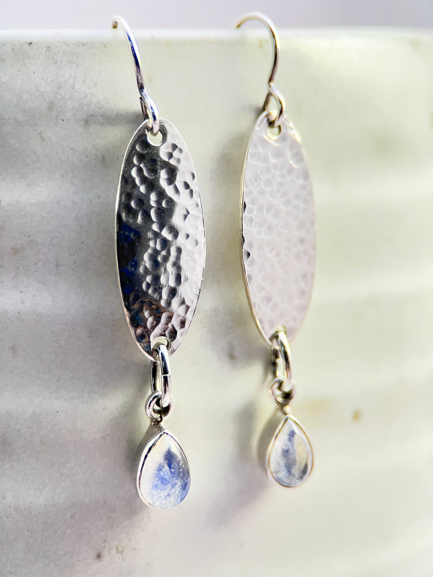 Reserved - Moon Meadow Earrings – Hammered Sterling Silver & Rainbow Moonstone Drops