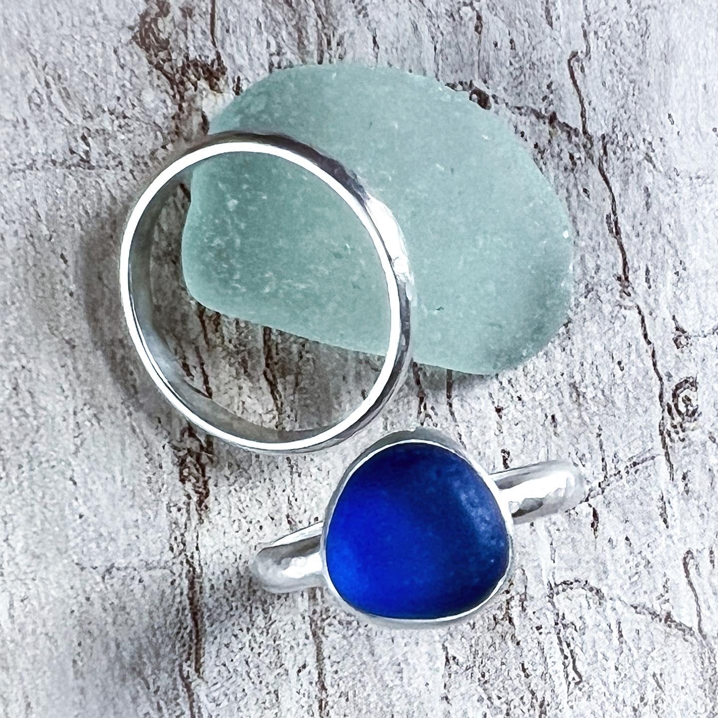 Sapphire Blue Sea Glass Ring & Companion Band, Size 8