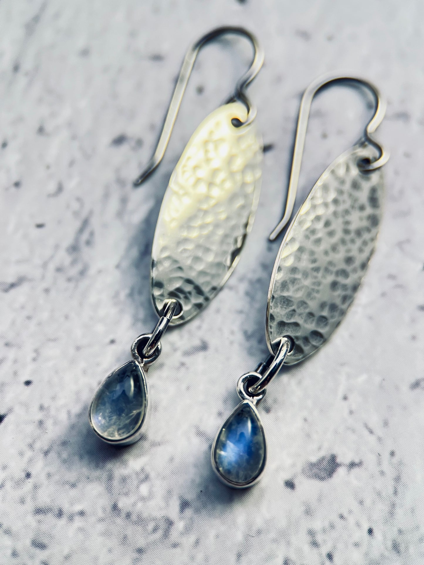 Reserved - Moon Meadow Earrings – Hammered Sterling Silver & Rainbow Moonstone Drops