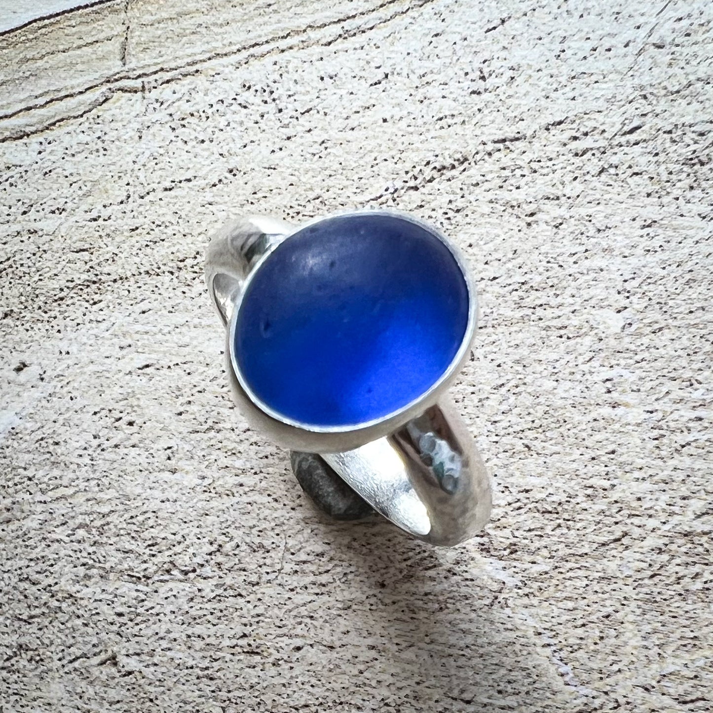 Sapphire Blue Sea Glass Ring, Size 9.5