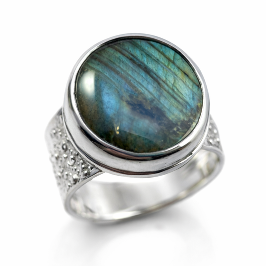 Moonfall Echo Ring – Labradorite Statement Ring in Sterling Silver | Size 8.5
