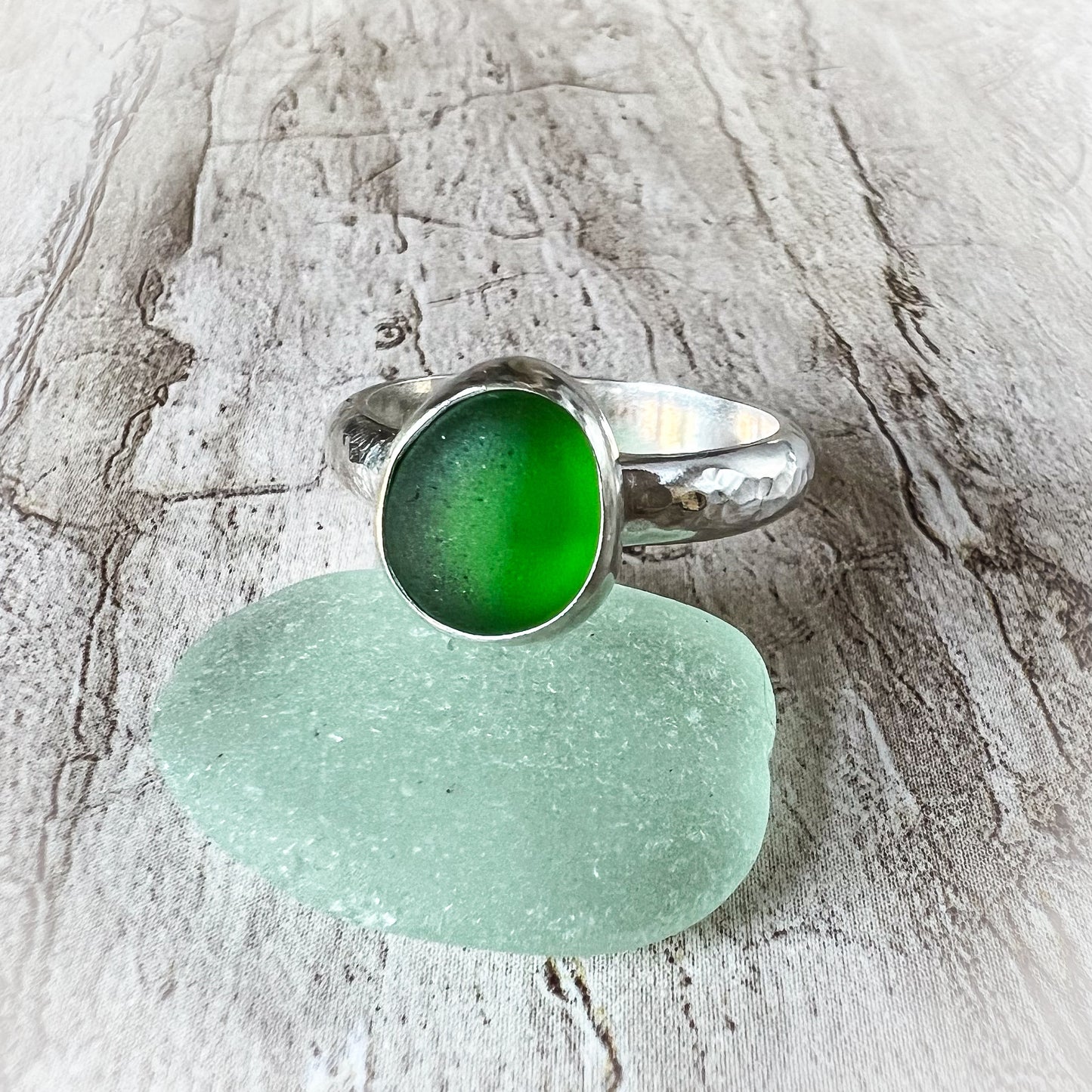 Green Sea Glass & Hammered Sterling Ring, Size 10