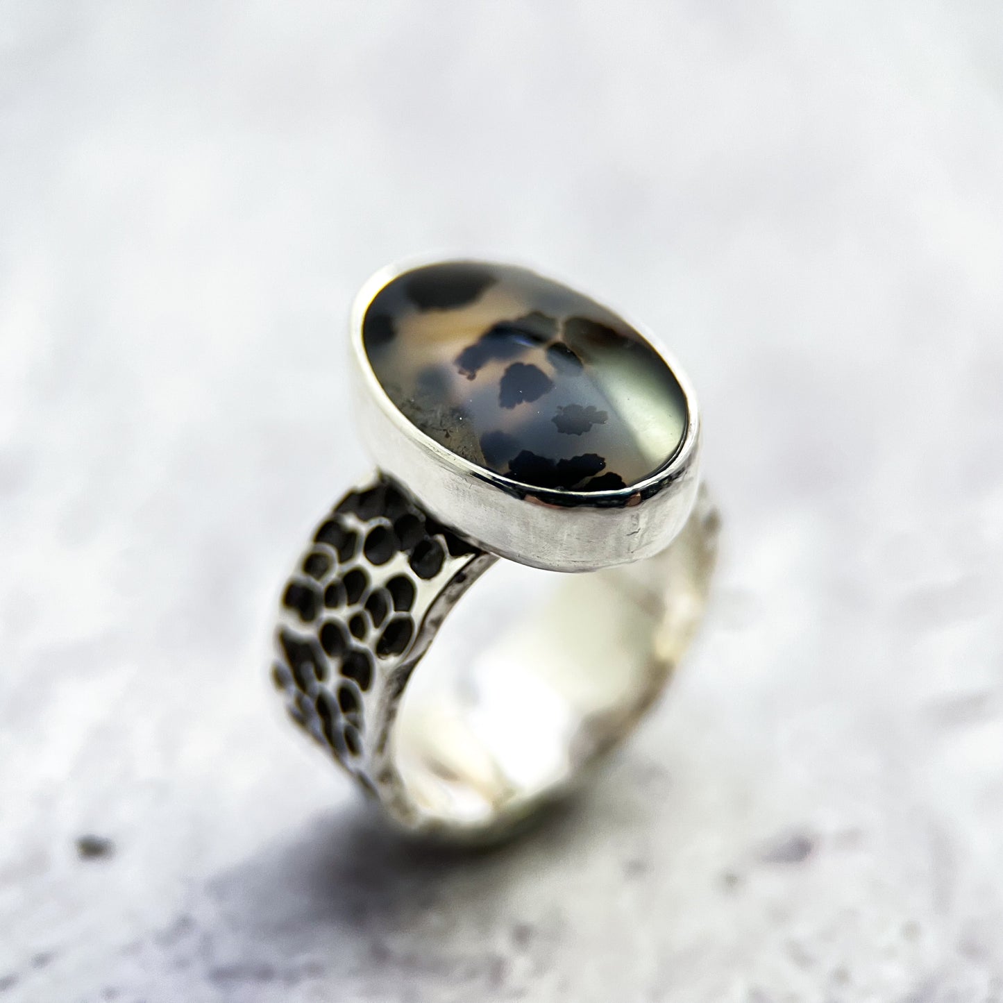 Midnight Mosaic Ring – Montana Agate & Textured Sterling Silver (Size 9.25)