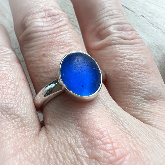 Sapphire Blue Sea Glass Ring, Size 9.5