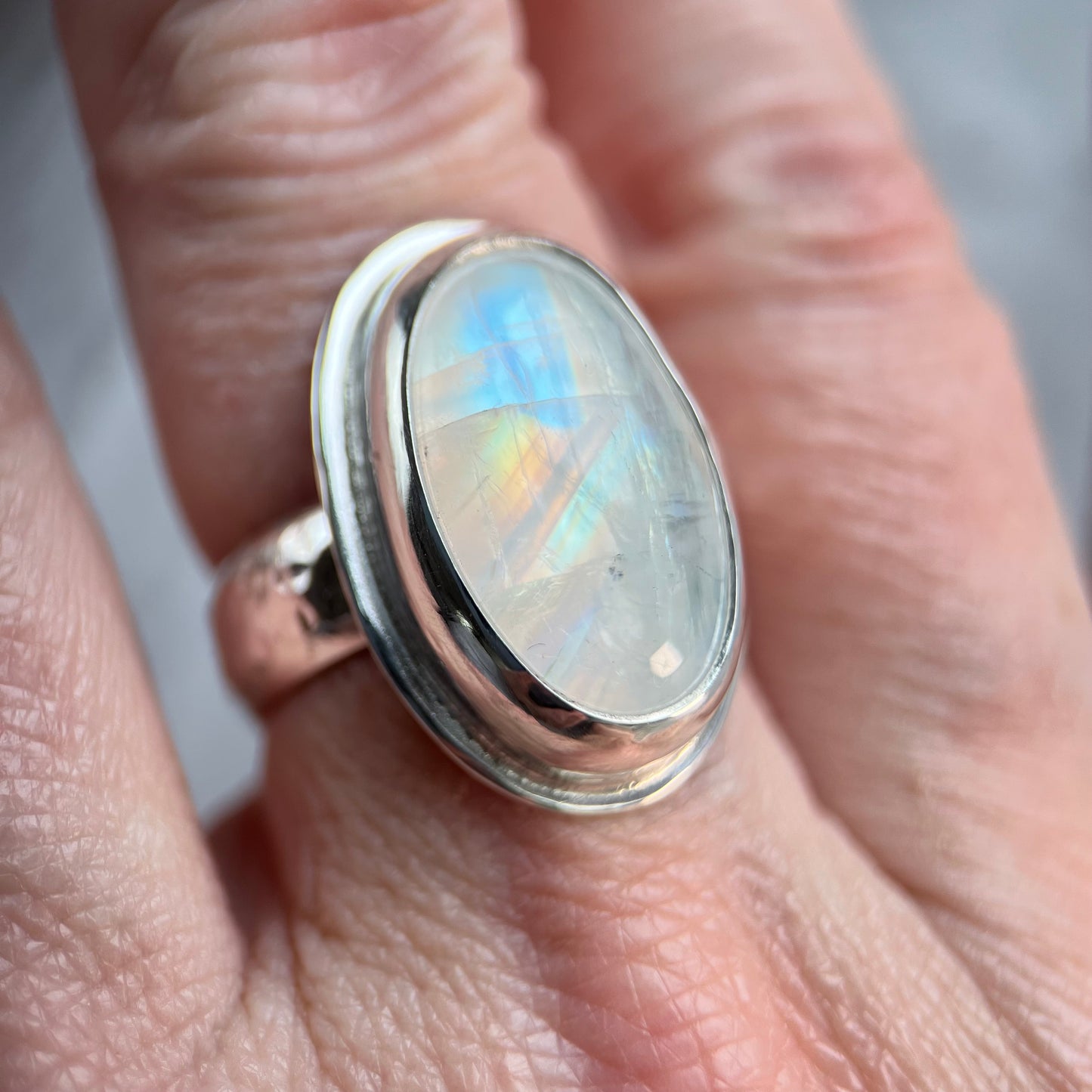 Medium Rainbow Moonstone Oval Ring, Size 8.5