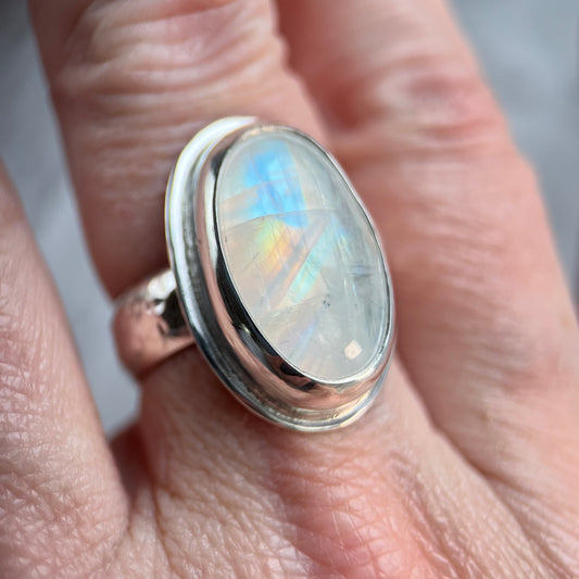 Medium Rainbow Moonstone Oval Ring, Size 8.5