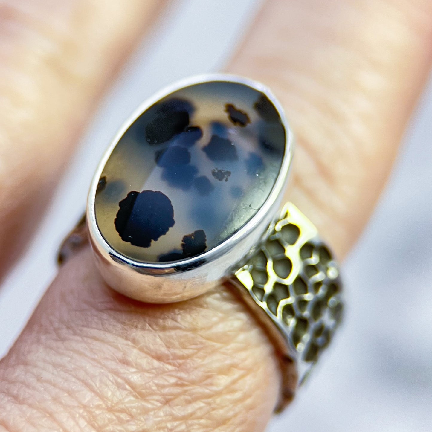 Midnight Mosaic Ring – Montana Agate & Textured Sterling Silver (Size 9.25)