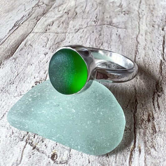 Green Sea Glass & Hammered Sterling Ring, Size 9