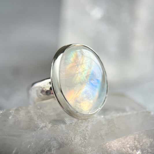 Large Oval Rainbow Moonstone Ring, Size 9.25
