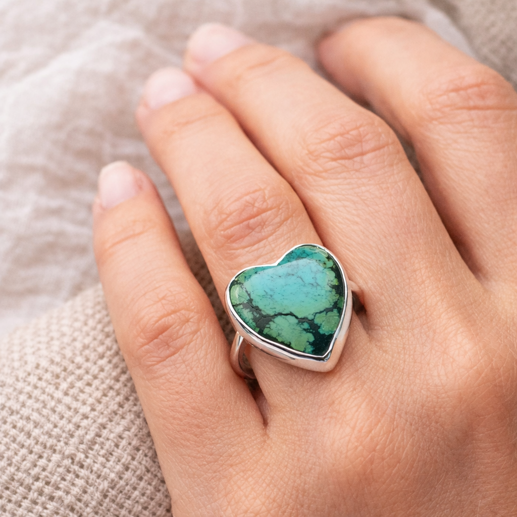 Open Heart Ring – Hubei Turquoise Heart Ring in Sterling Silver | Size 7