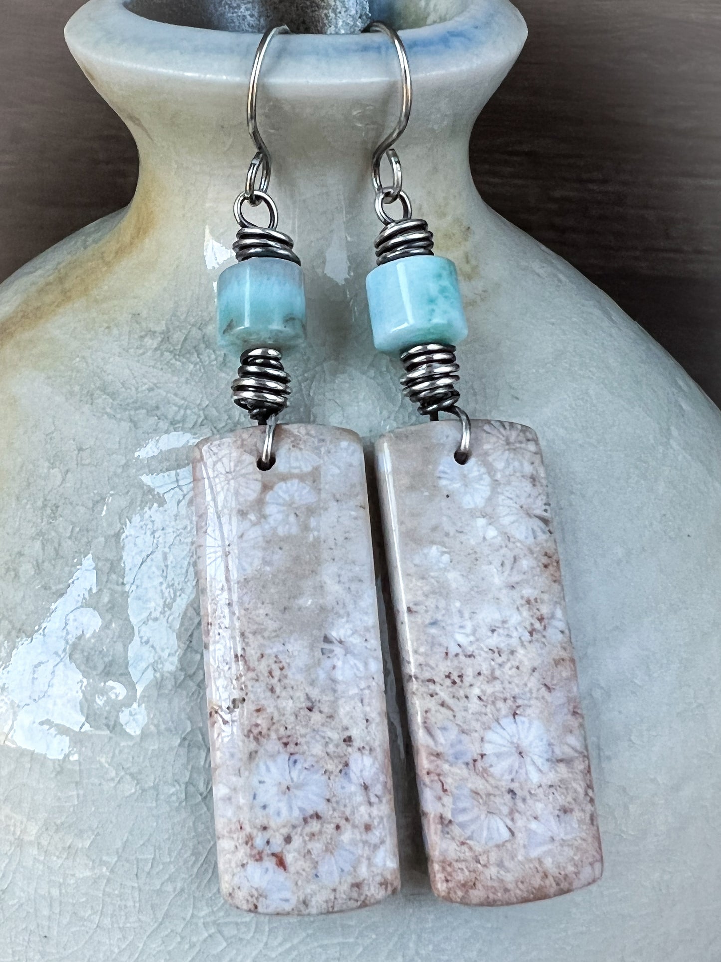 Fossil Coral and Larimar Earrings